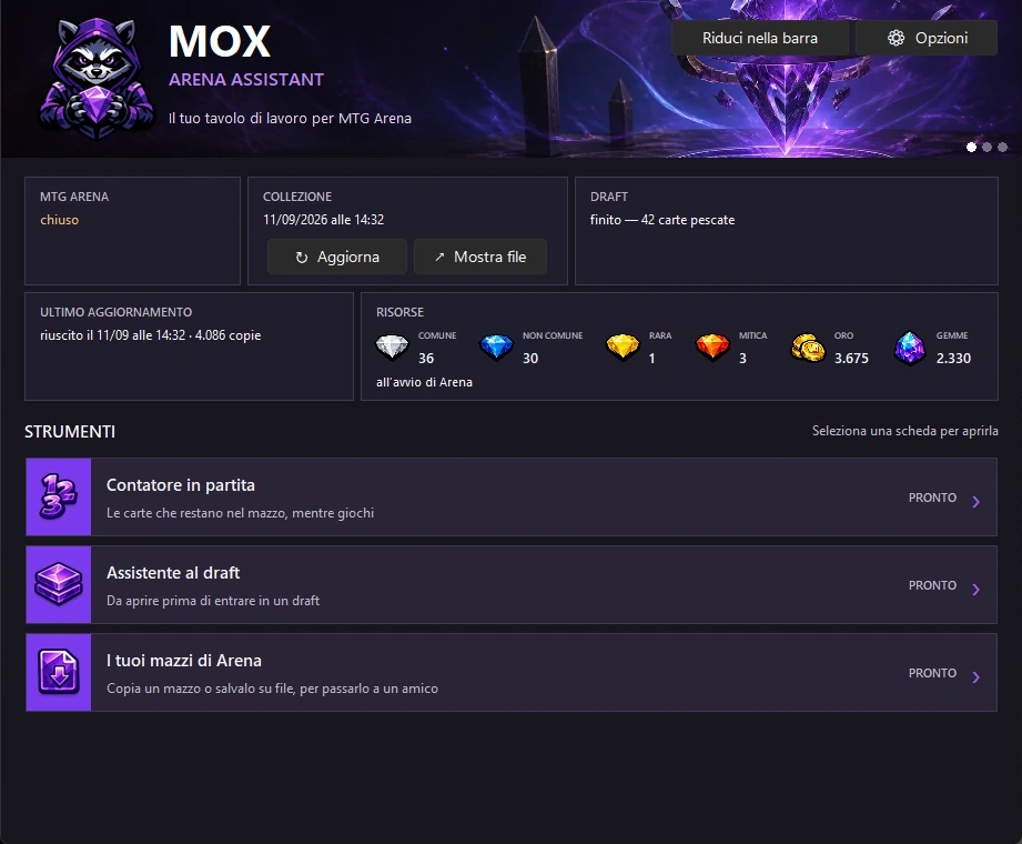 La schermata iniziale di MOX: stato di MTG Arena, collezione, ultimo Draft, risorse e l'elenco dei tre strumenti.