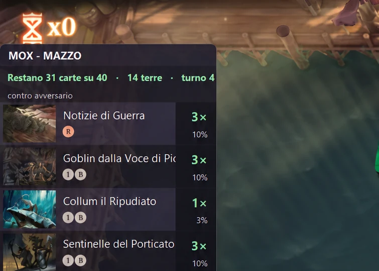 Il Contatore in partita sopra Arena: restano 31 carte su 40, 14 terre, turno 4; per ogni carta le copie rimaste e la probabilità di pescarla.