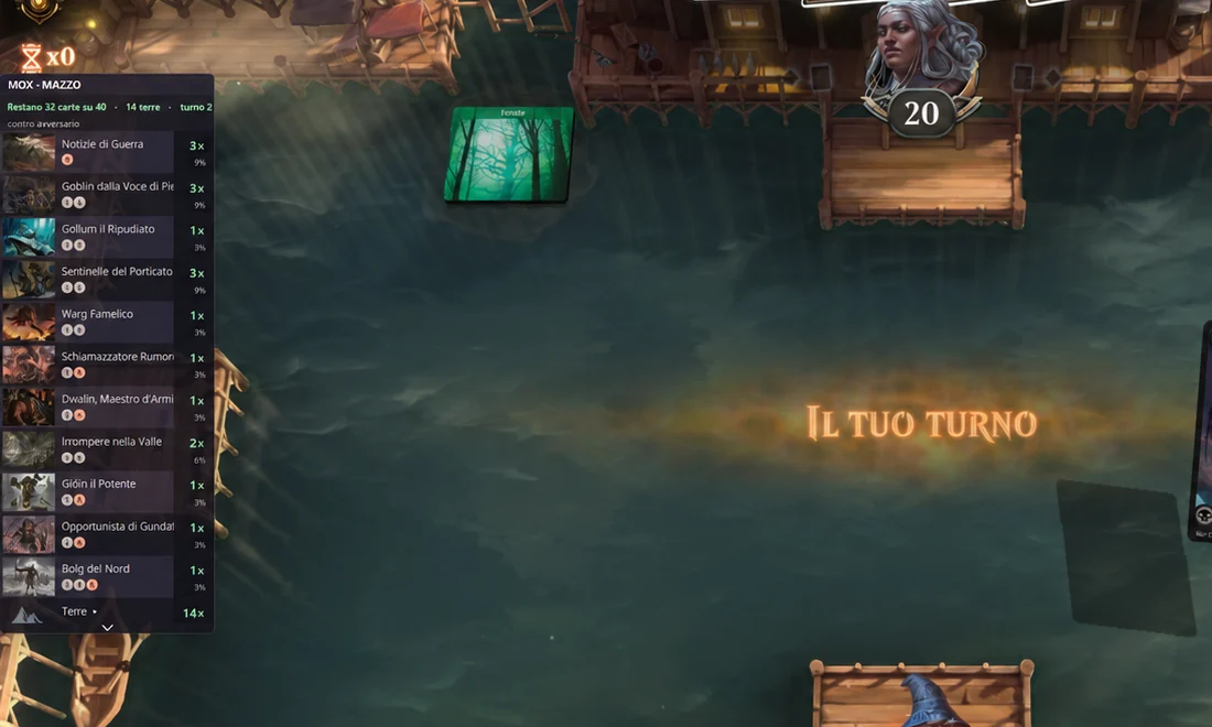 Una partita di MTG Arena con il pannello MOX del mazzo sul lato sinistro: restano 32 carte su 40, 14 terre, turno 2.