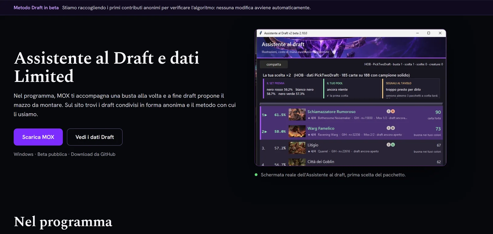 La pagina Draft: l'Assistente al Draft e i dati Limited, con una schermata reale della finestra MOX.